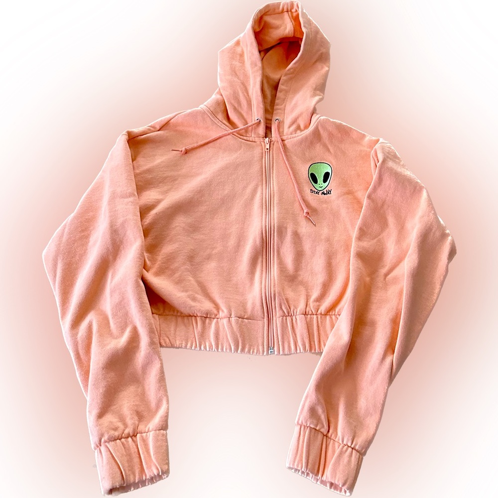 Orange Cropped Zipped Hoodie with Alien “Stay Away” embroidered